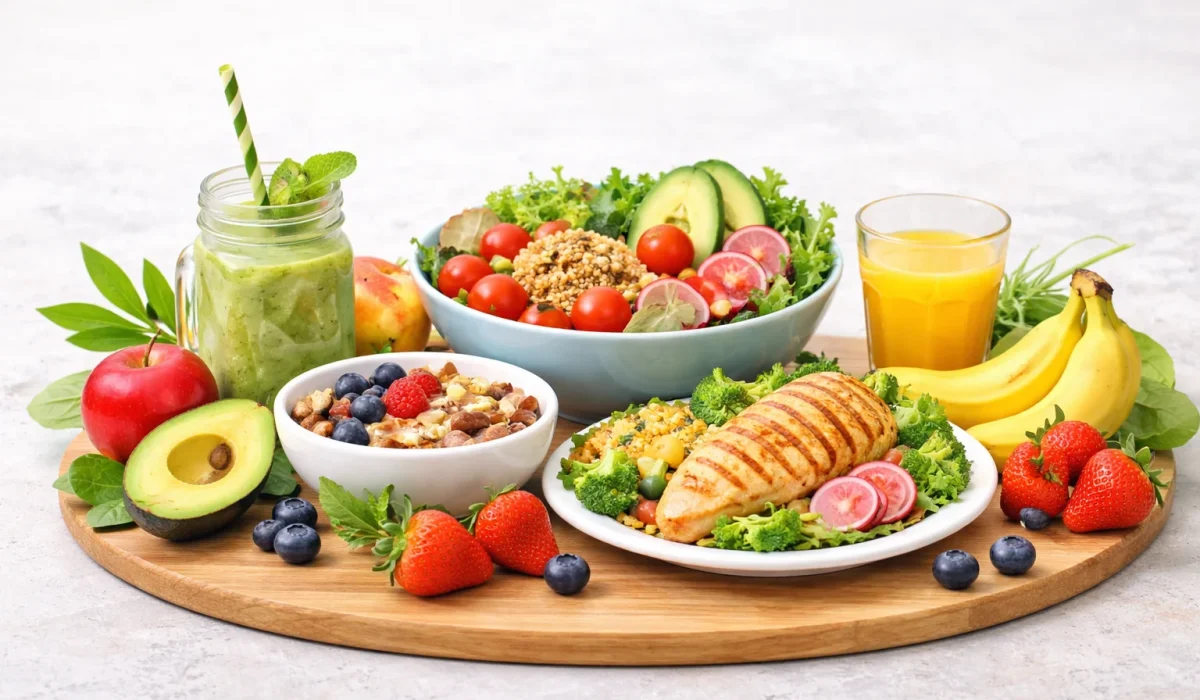 healthy balanced meal with grilled chicken salad smoothie fruits and fresh vegetables