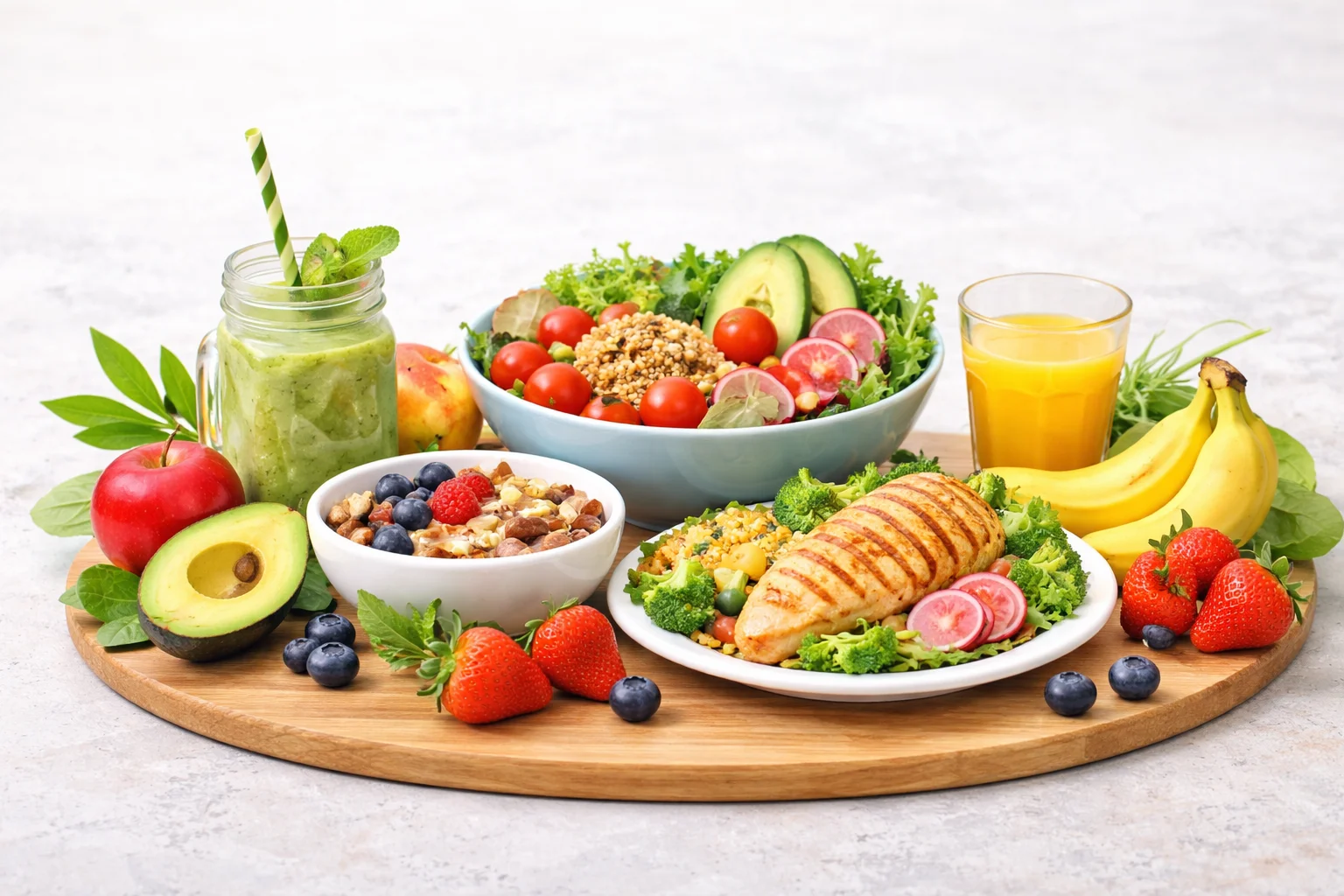 healthy balanced meal with grilled chicken salad smoothie fruits and fresh vegetables