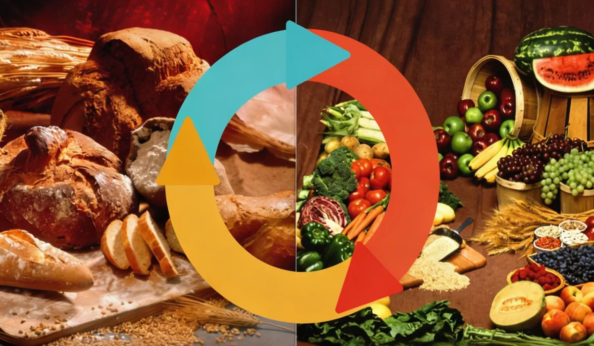 A split-screen image showing various breads and grains on the left and a diverse assortment of fruits and vegetables on the right, overlaid with a large circular arrows icon in blue, orange, yellow, and red.