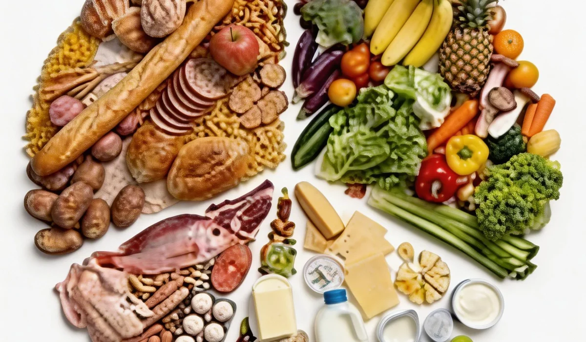 A circular infographic divided into sections featuring grains, fruits, vegetables, proteins like poultry and fish, and dairy products.