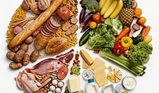 A circular infographic divided into sections featuring grains, fruits, vegetables, proteins like poultry and fish, and dairy products.