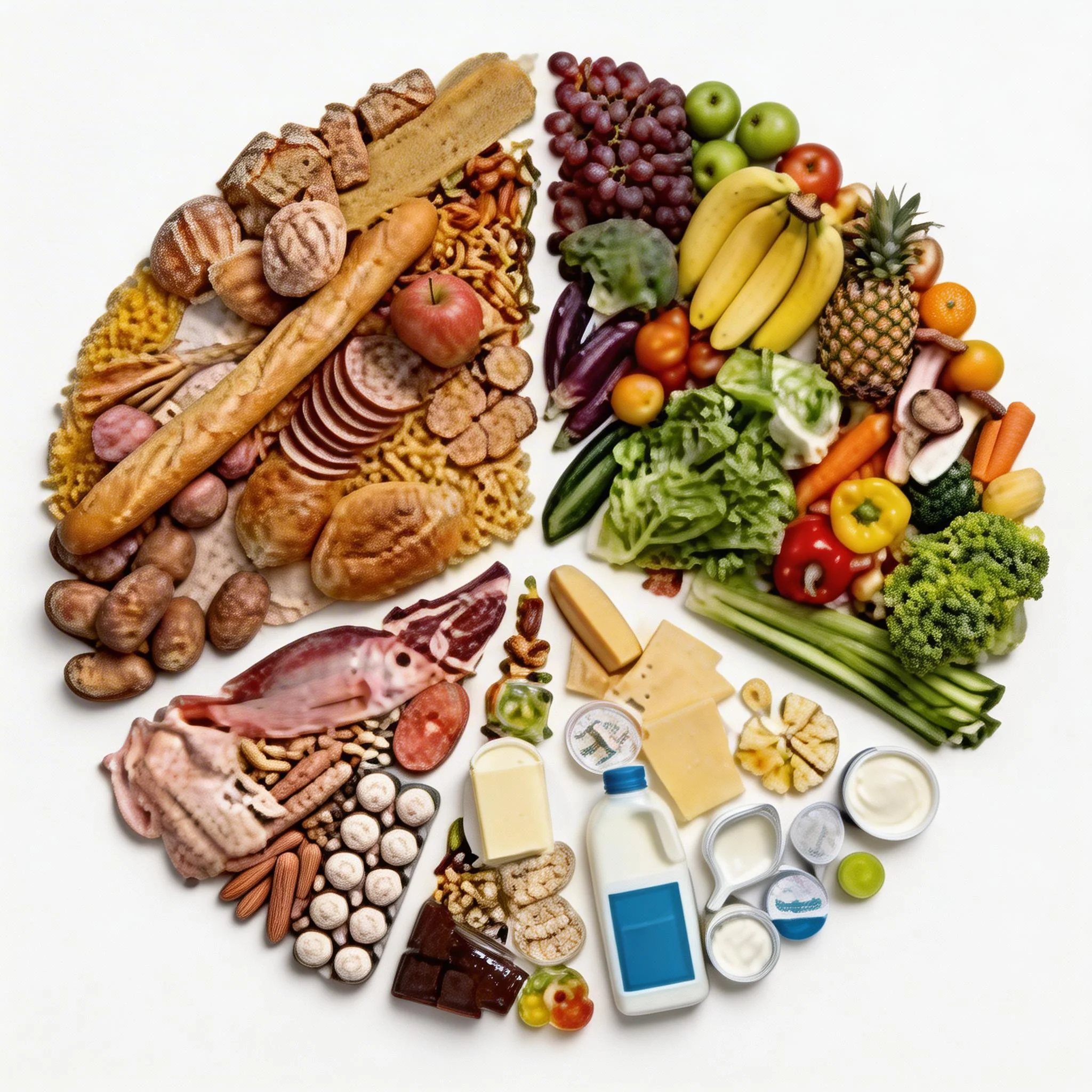 A circular infographic divided into sections featuring grains, fruits, vegetables, proteins like poultry and fish, and dairy products.