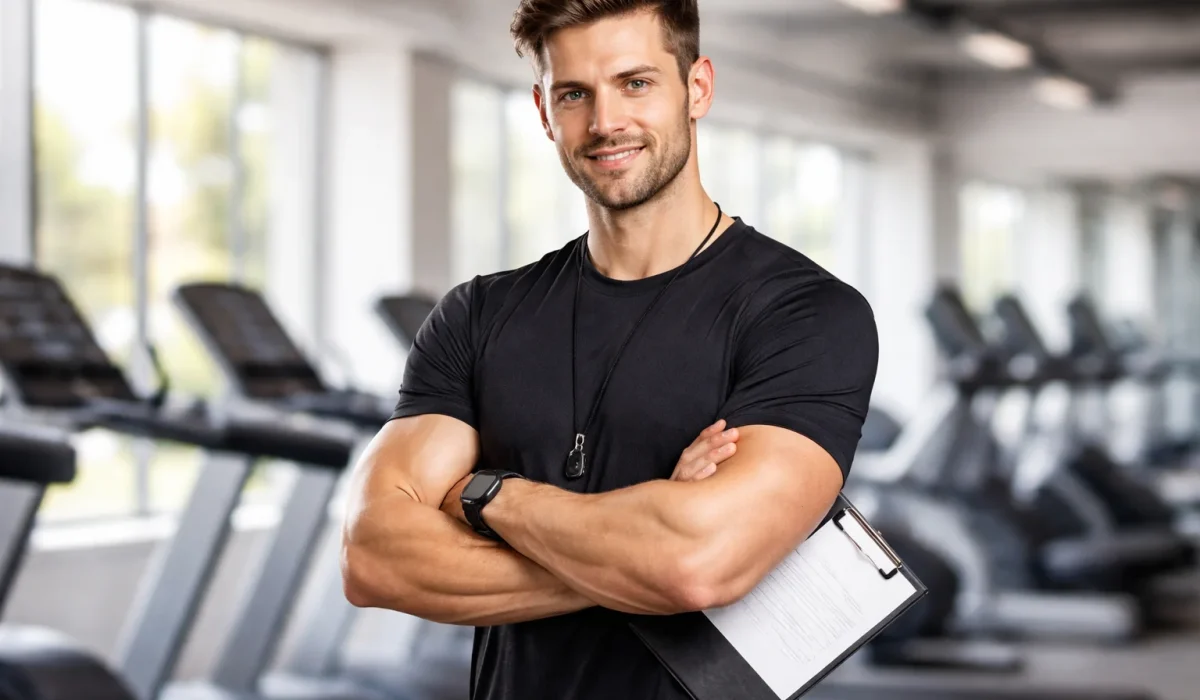 male fitness trainer standing in gym with clipboard personal training coach