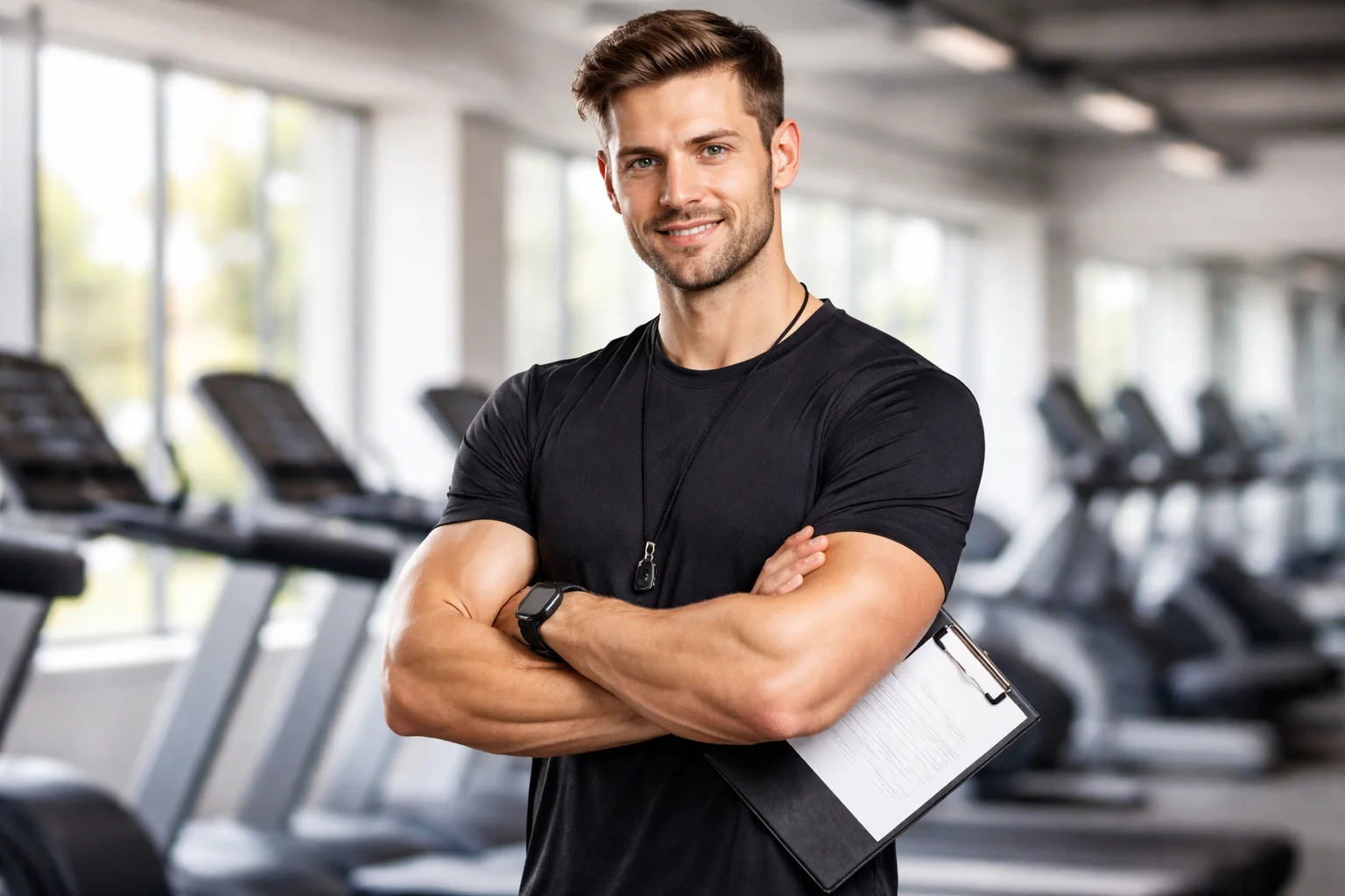 male fitness trainer standing in gym with clipboard personal training coach