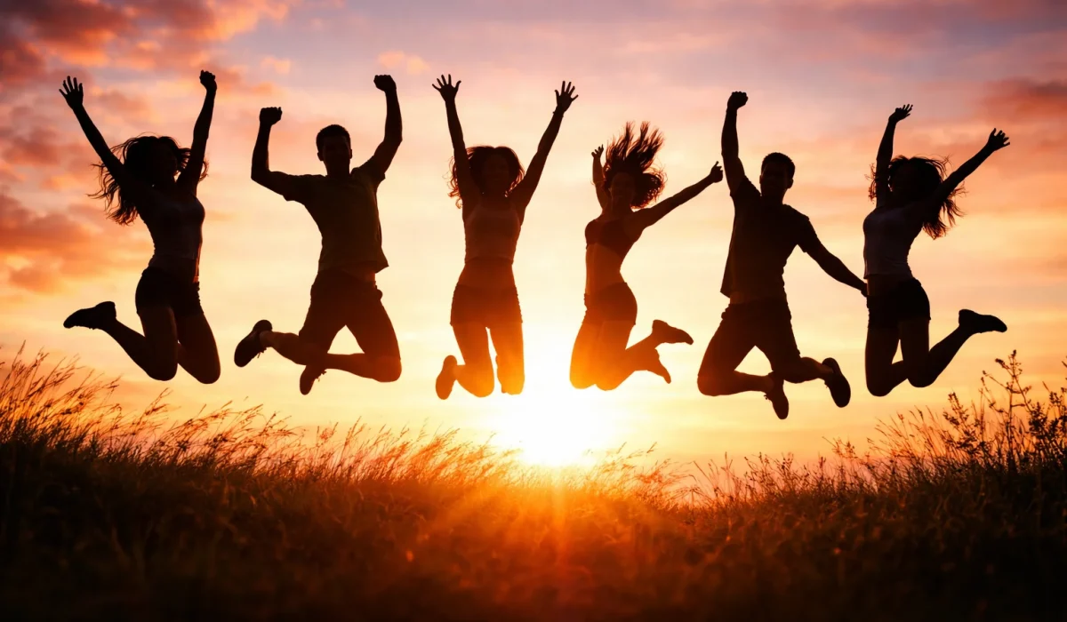 group of happy people jumping at sunset celebrating freedom and healthy lifestyle
