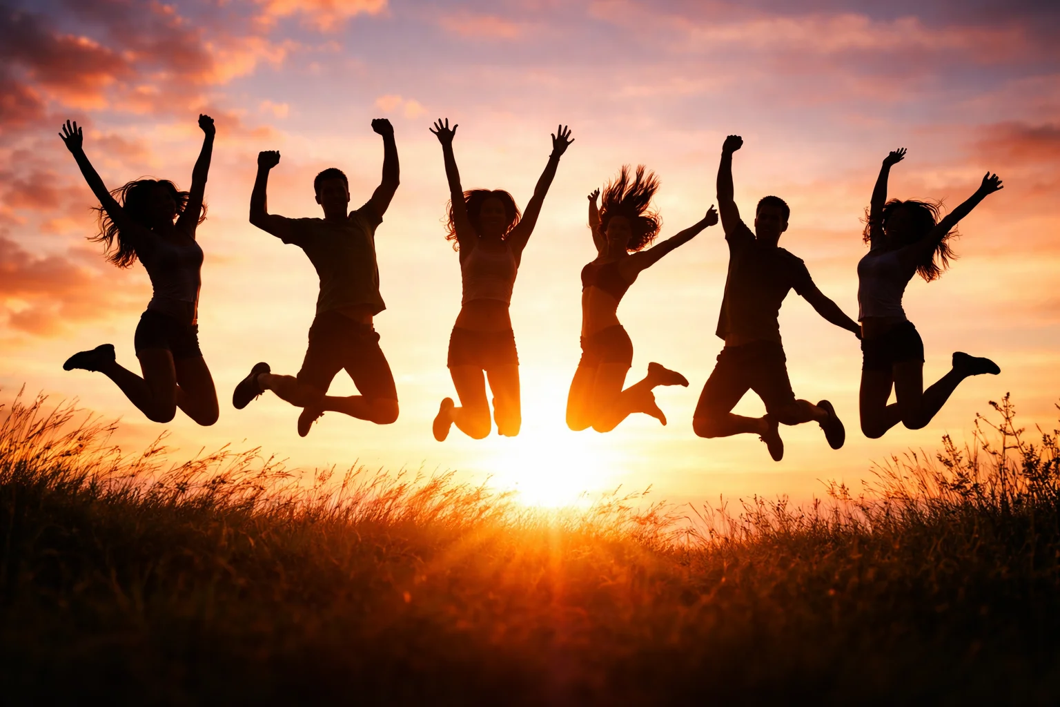 group of happy people jumping at sunset celebrating freedom and healthy lifestyle