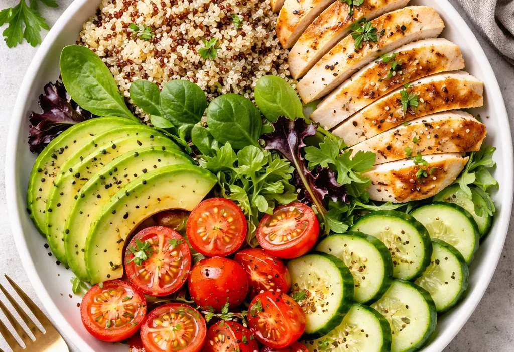 healthy chicken avocado salad bowl with quinoa vegetables and fresh ingredients