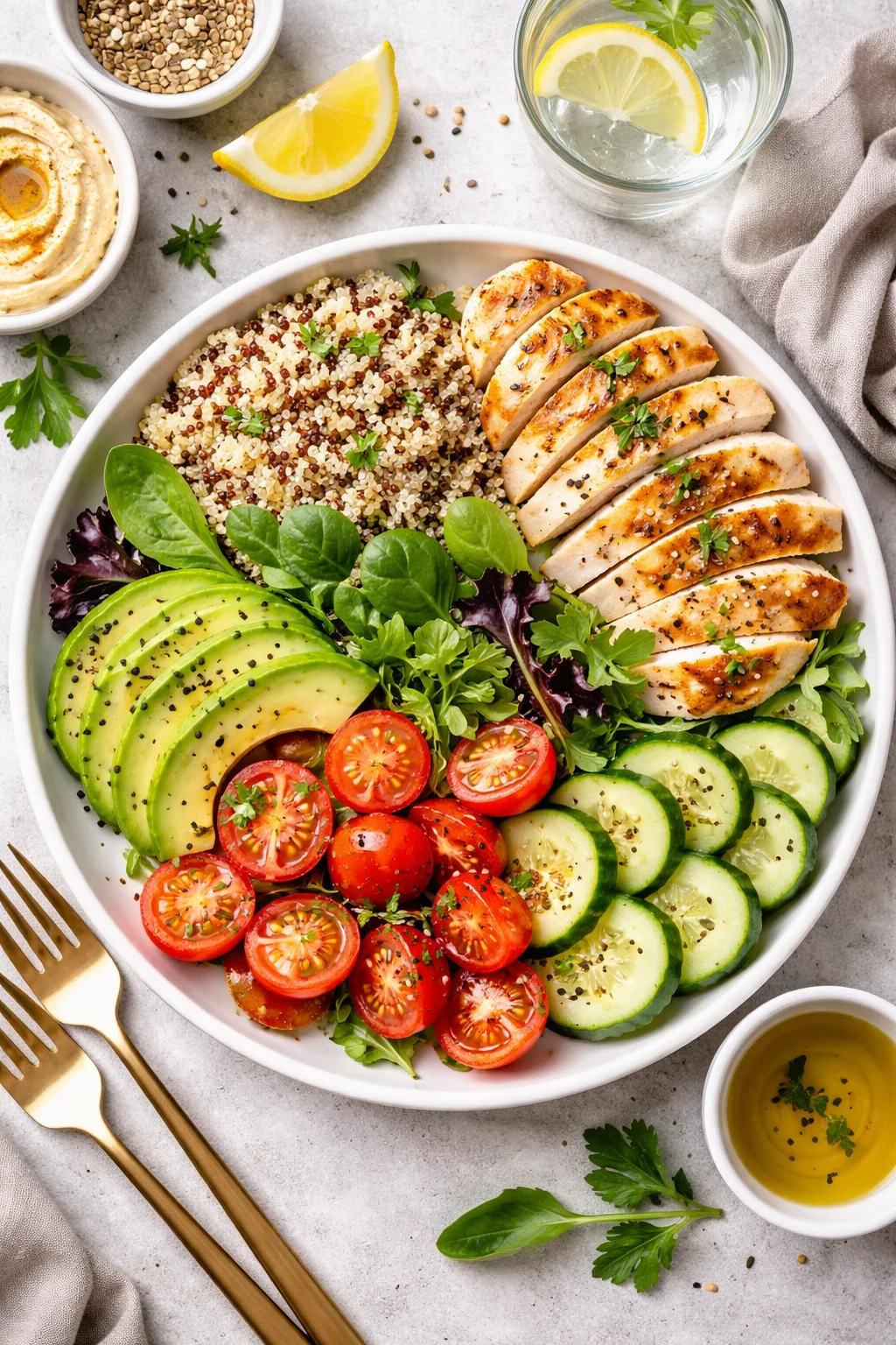 healthy chicken avocado salad bowl with quinoa vegetables and fresh ingredients