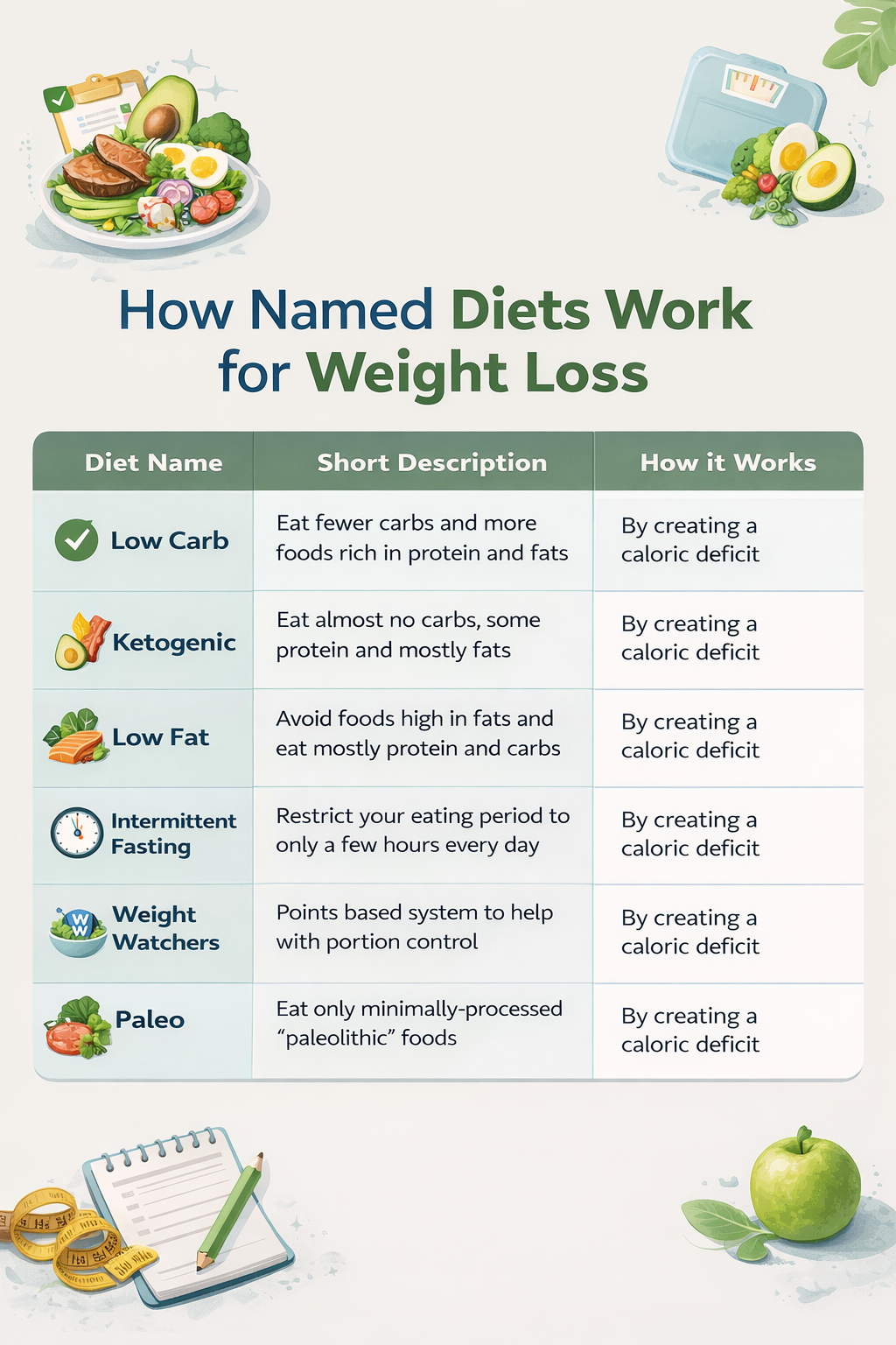  Infographic showing how different named diets work for weight loss through calorie deficit including keto, low carb, paleo, and intermittent fasting
