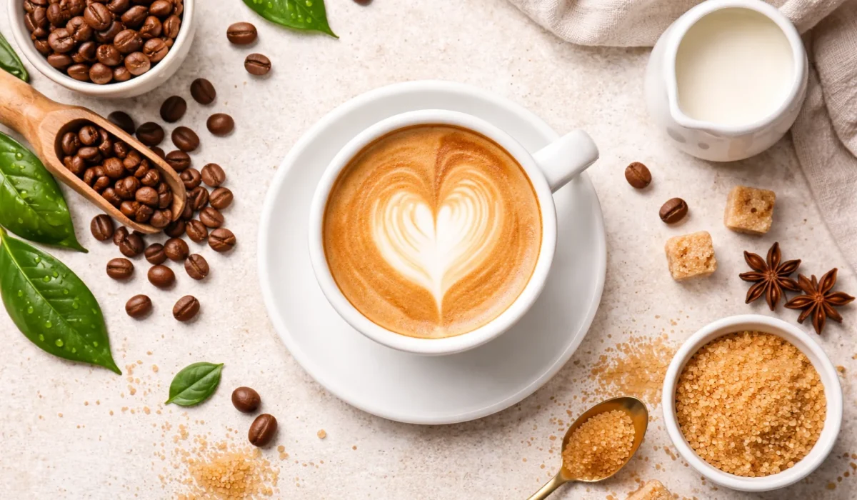 latte coffee with heart art cappuccino cup with coffee beans and sugar