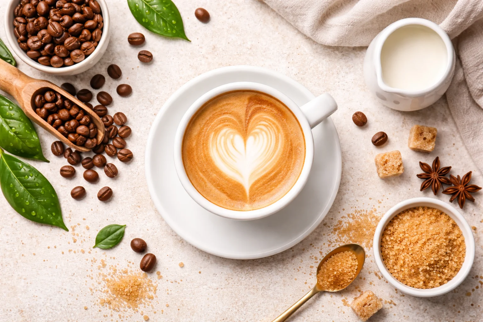 latte coffee with heart art cappuccino cup with coffee beans and sugar