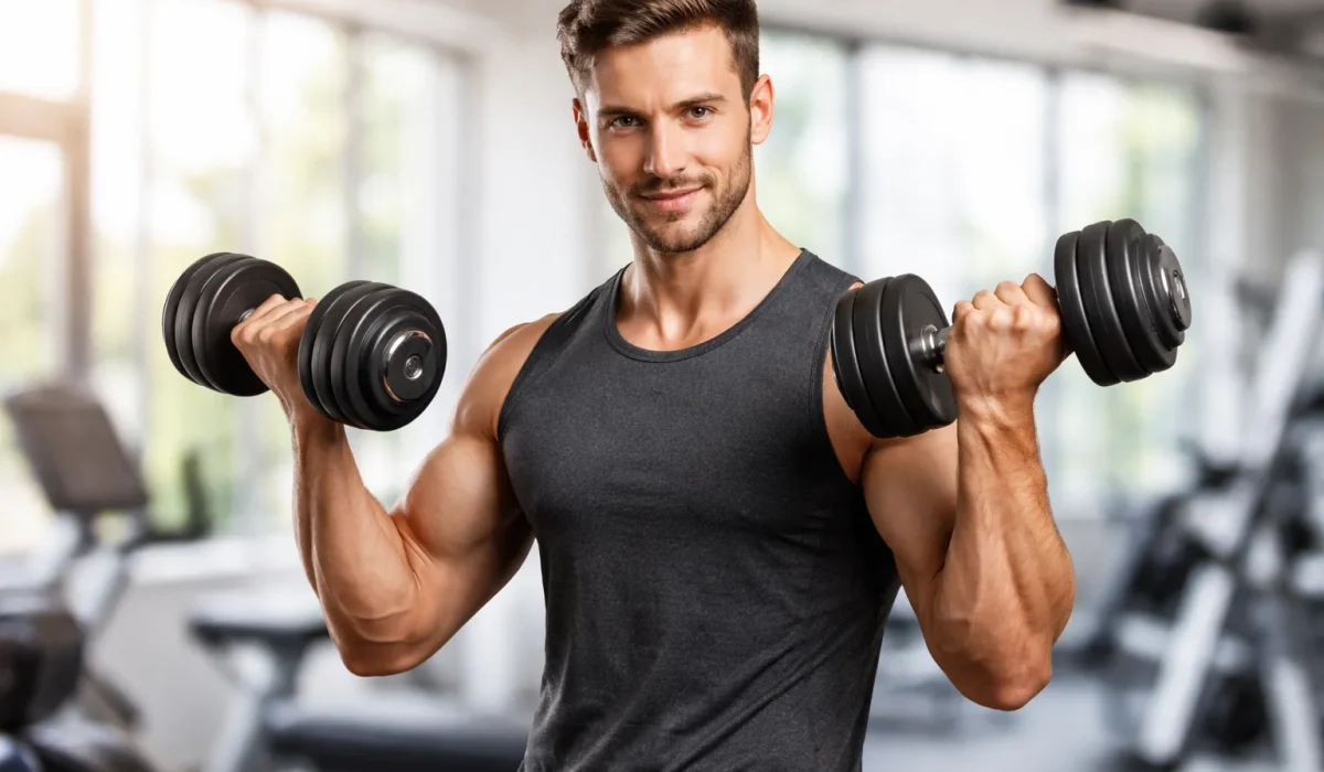 man doing dumbbell bicep workout in gym for muscle building