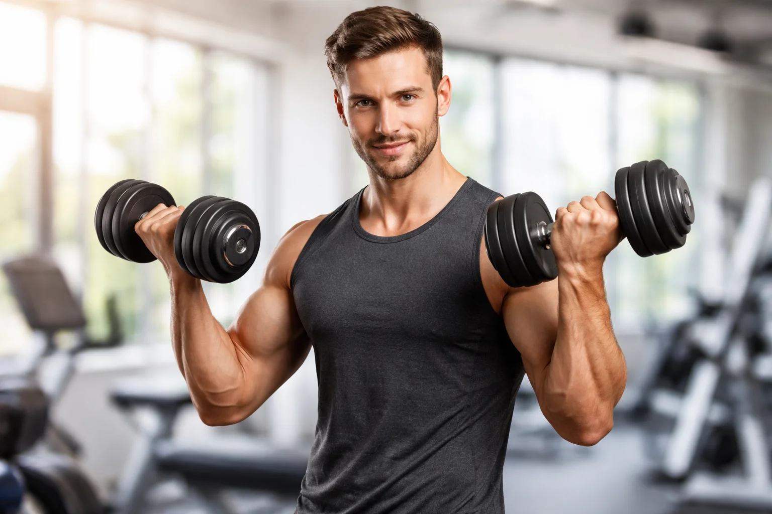 man doing dumbbell bicep workout in gym for muscle building