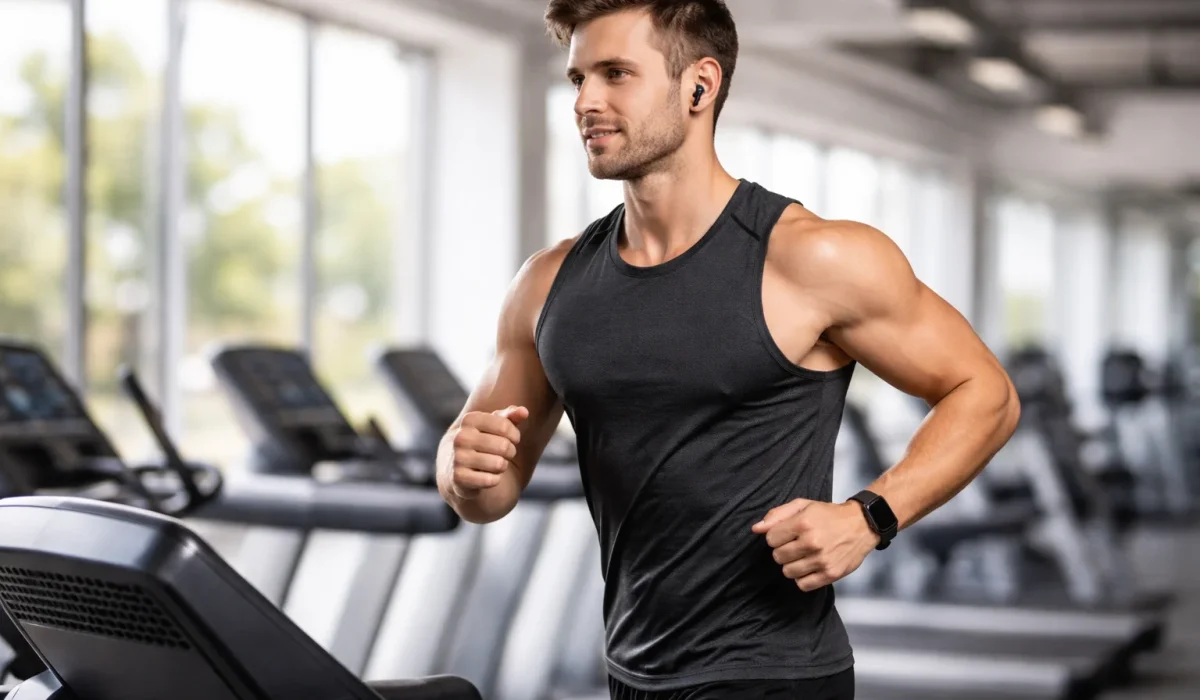 man running on treadmill in gym for cardio workout and fitness