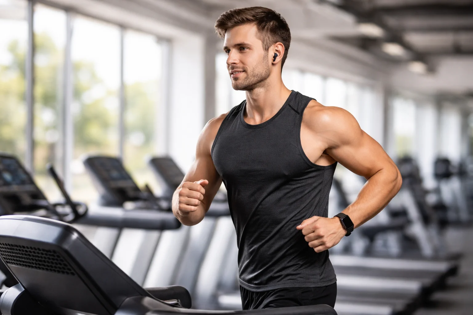 man running on treadmill in gym for cardio workout and fitness