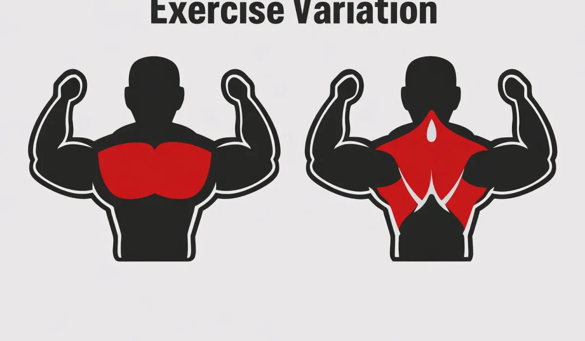 Two black silhouettes of a muscular male torso. The left silhouette has the chest muscles highlighted in red, while the right silhouette has the back and shoulder muscles highlighted in red. The text above reads "Exercise Variation."