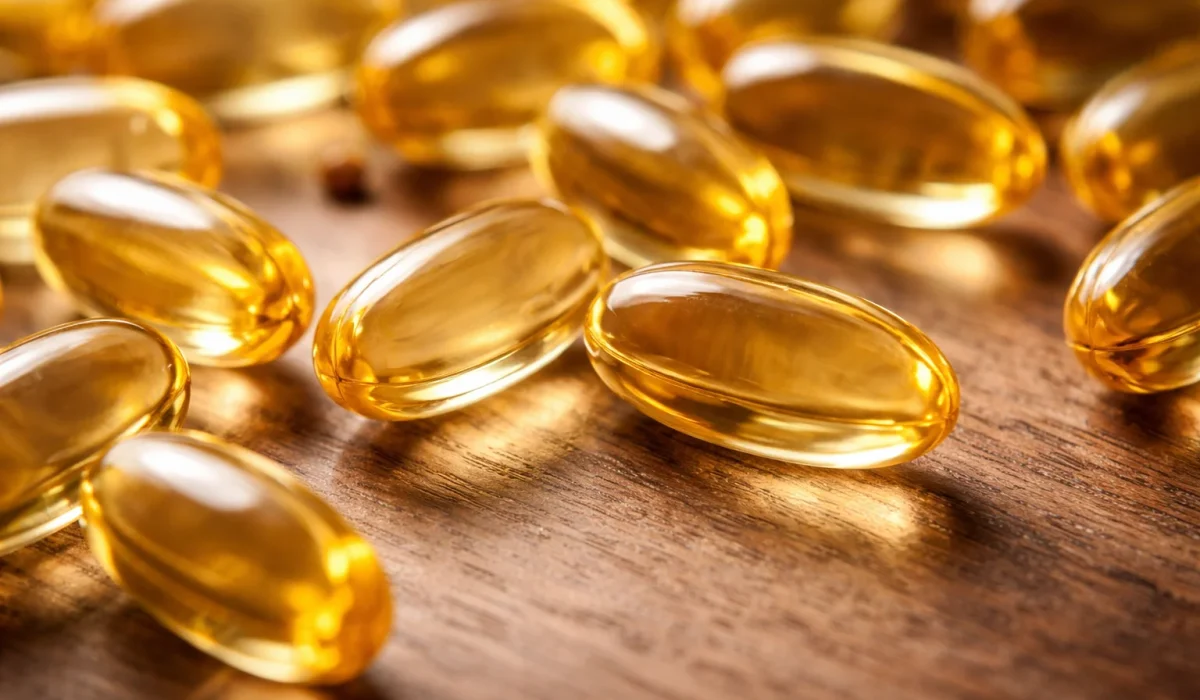 omega 3 fish oil capsules on wooden surface health supplement