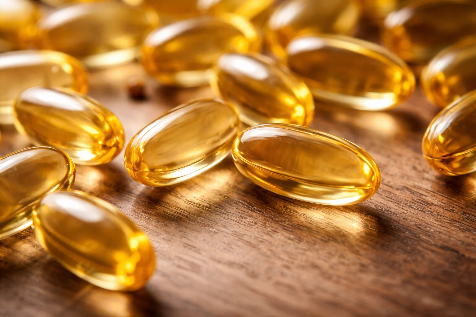 omega 3 fish oil capsules on wooden surface health supplement