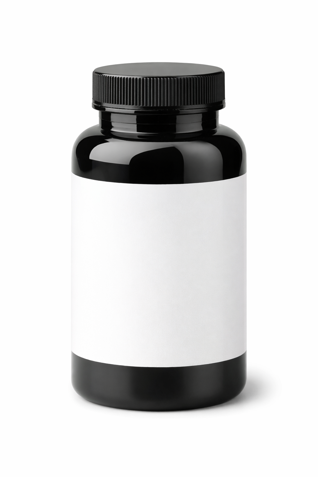  Black supplement bottle with blank white label isolated on white background