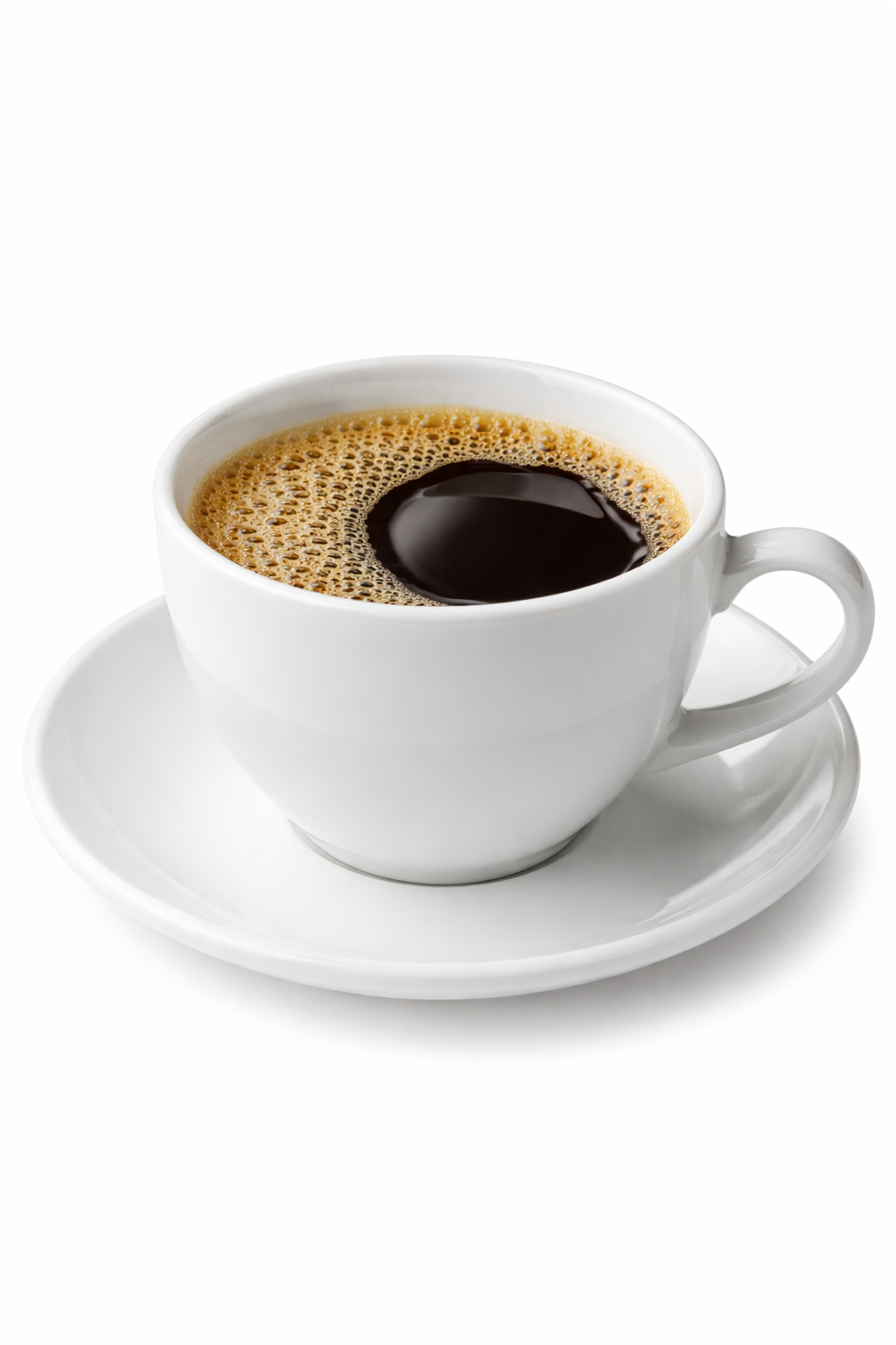 A high-quality image of a black coffee cup served in a white ceramic mug with a saucer, isolated on a clean white background.