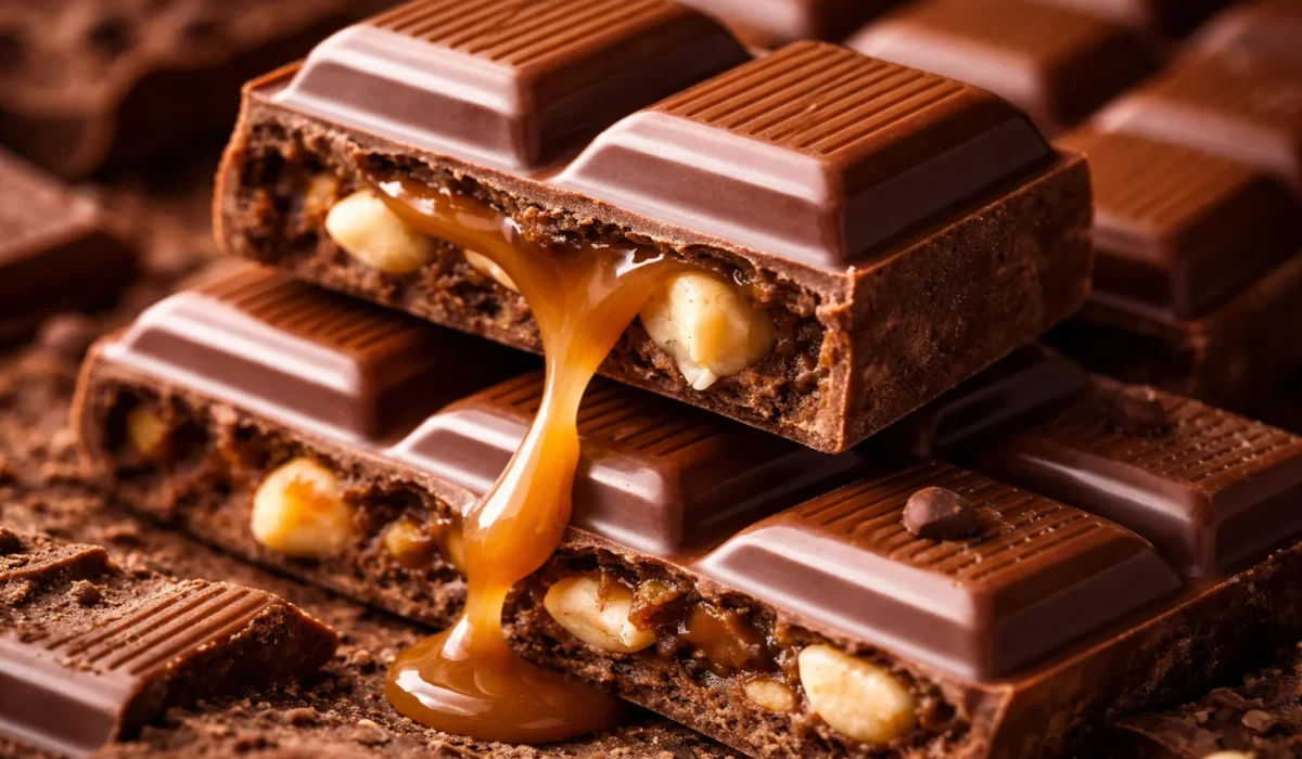 chocolate bar with caramel filling and nuts close up dessert