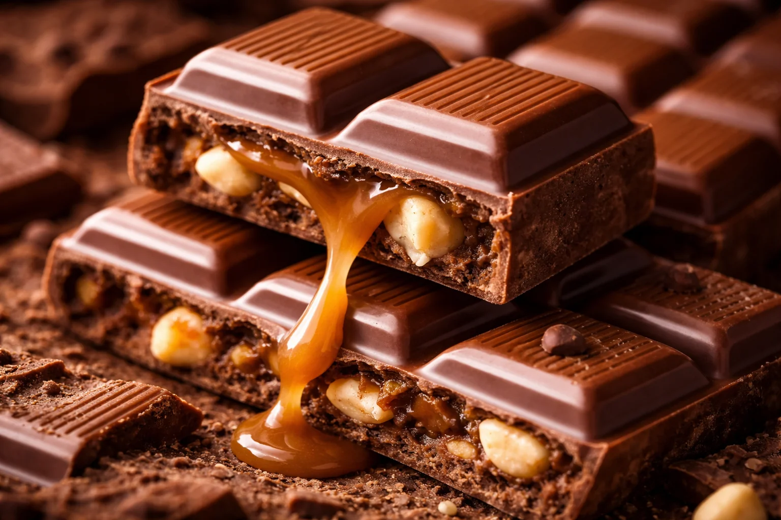 chocolate bar with caramel filling and nuts close up dessert