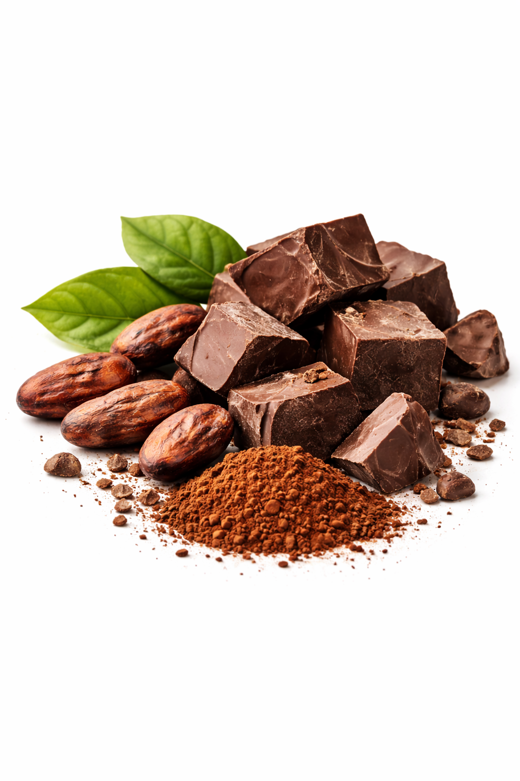 Dark chocolate pieces with cocoa beans and cocoa powder isolated on white background