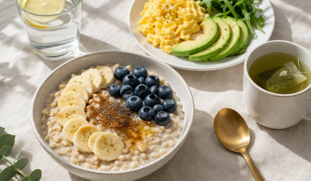 healthy breakfast with oatmeal banana blueberries eggs avocado and tea