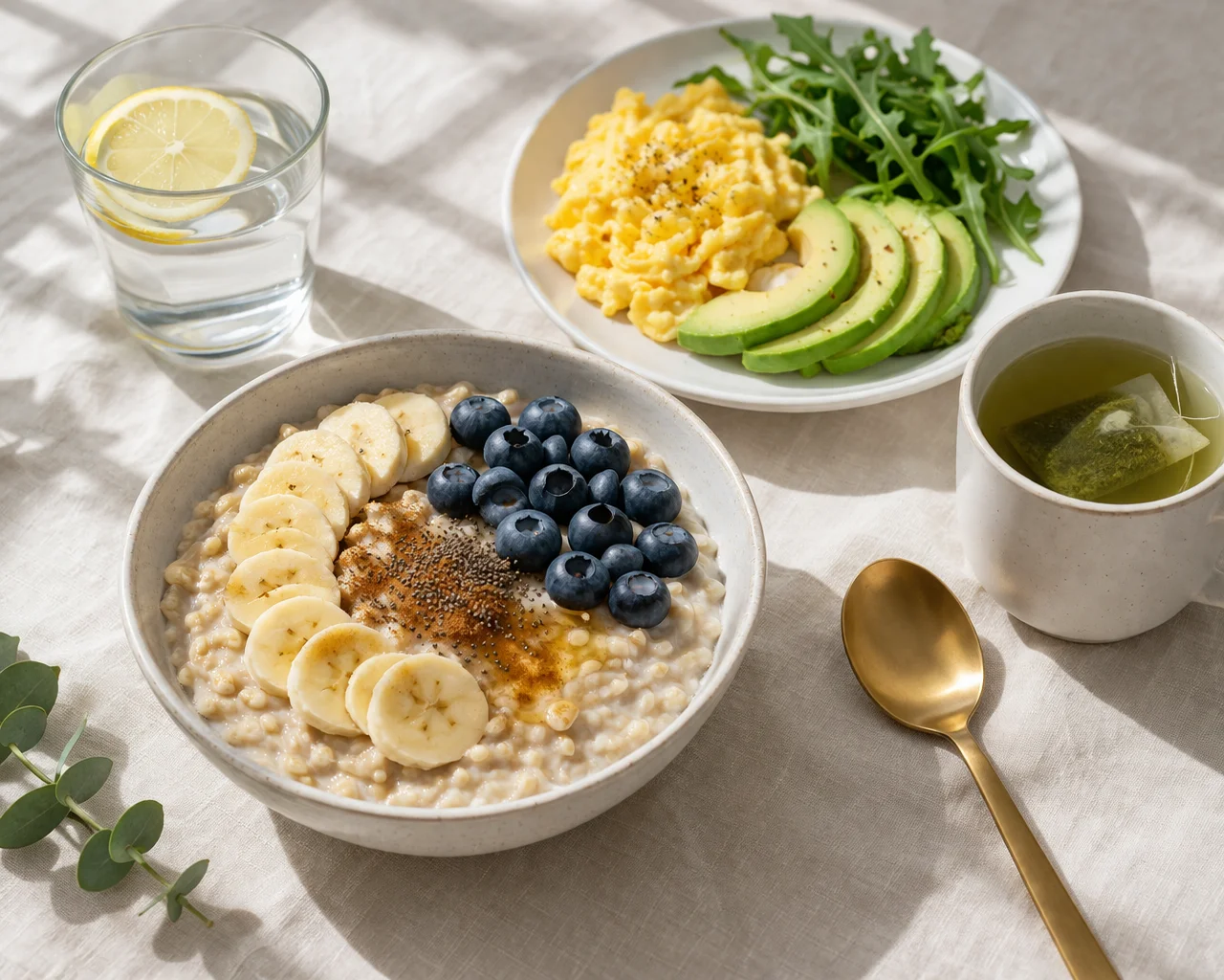 healthy breakfast with oatmeal banana blueberries eggs avocado and tea