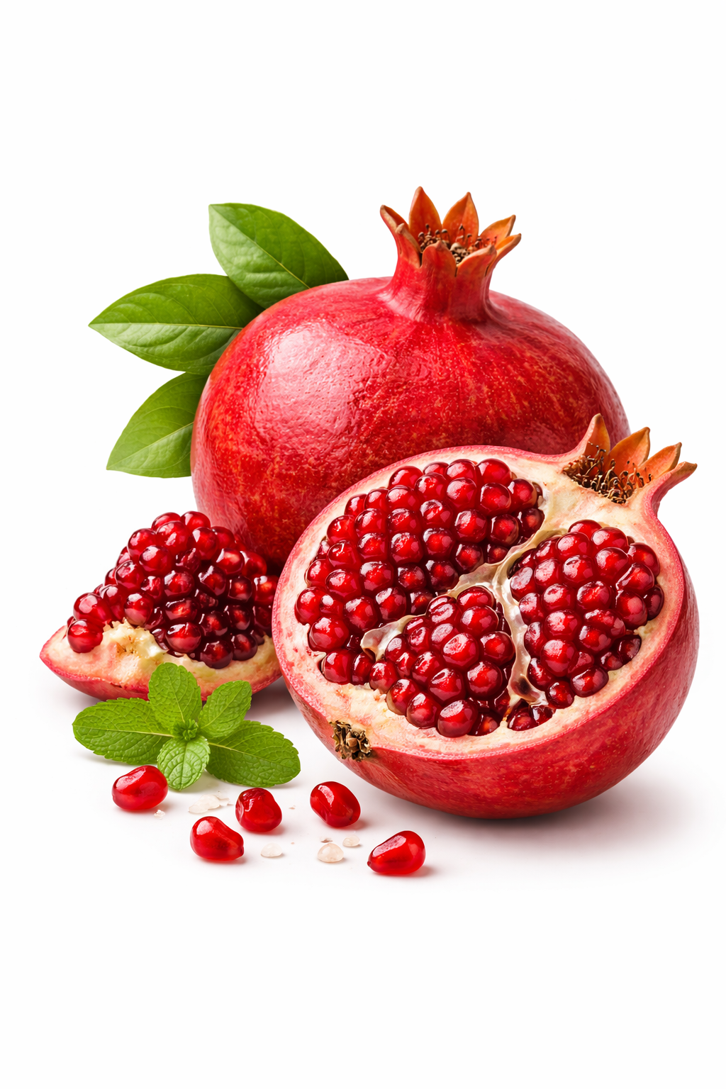  Pomegranate fruit with seeds and sliced sections isolated on white background
