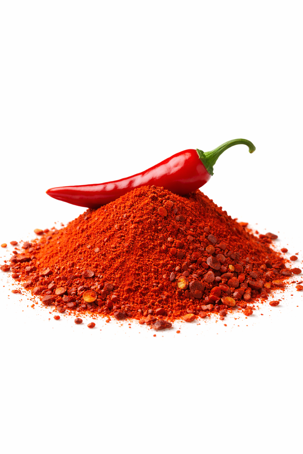 Red chili pepper with chili powder spice isolated on white background
