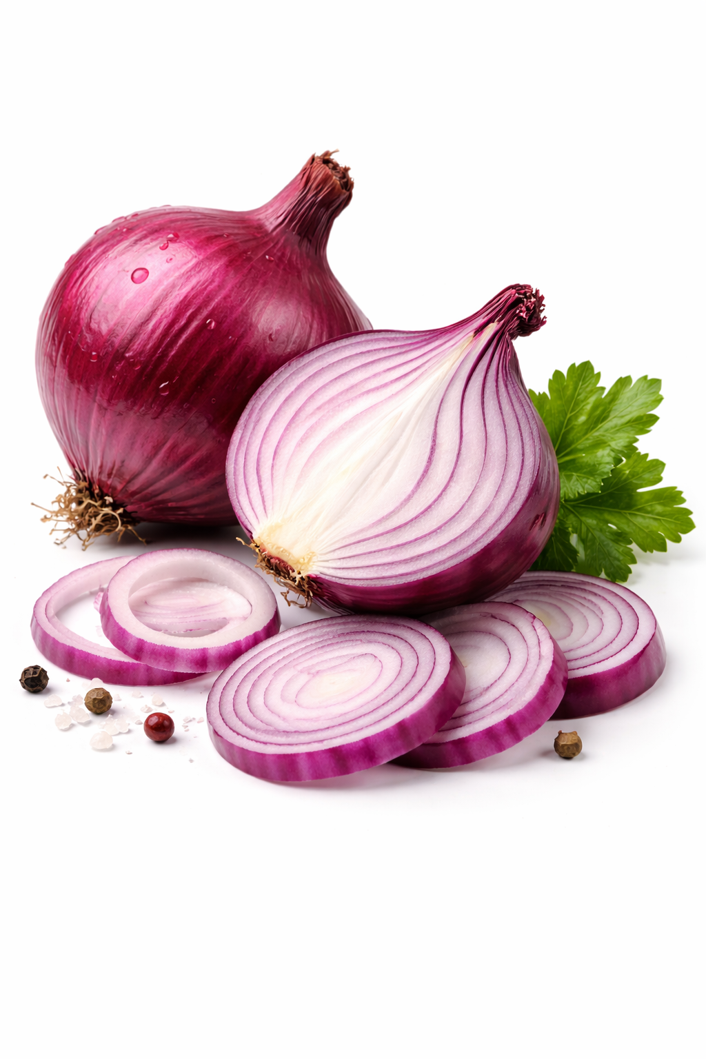 Whole and sliced red onion isolated on white background
