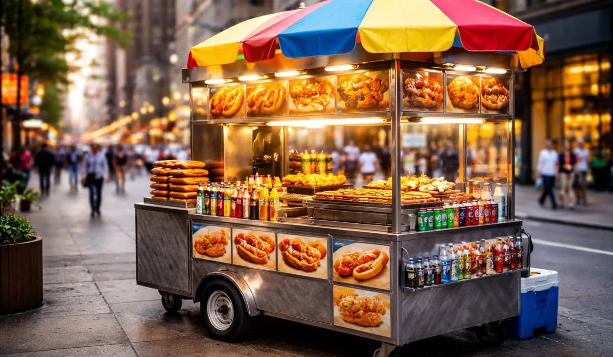 street food hot dog cart in city with snacks and drinks