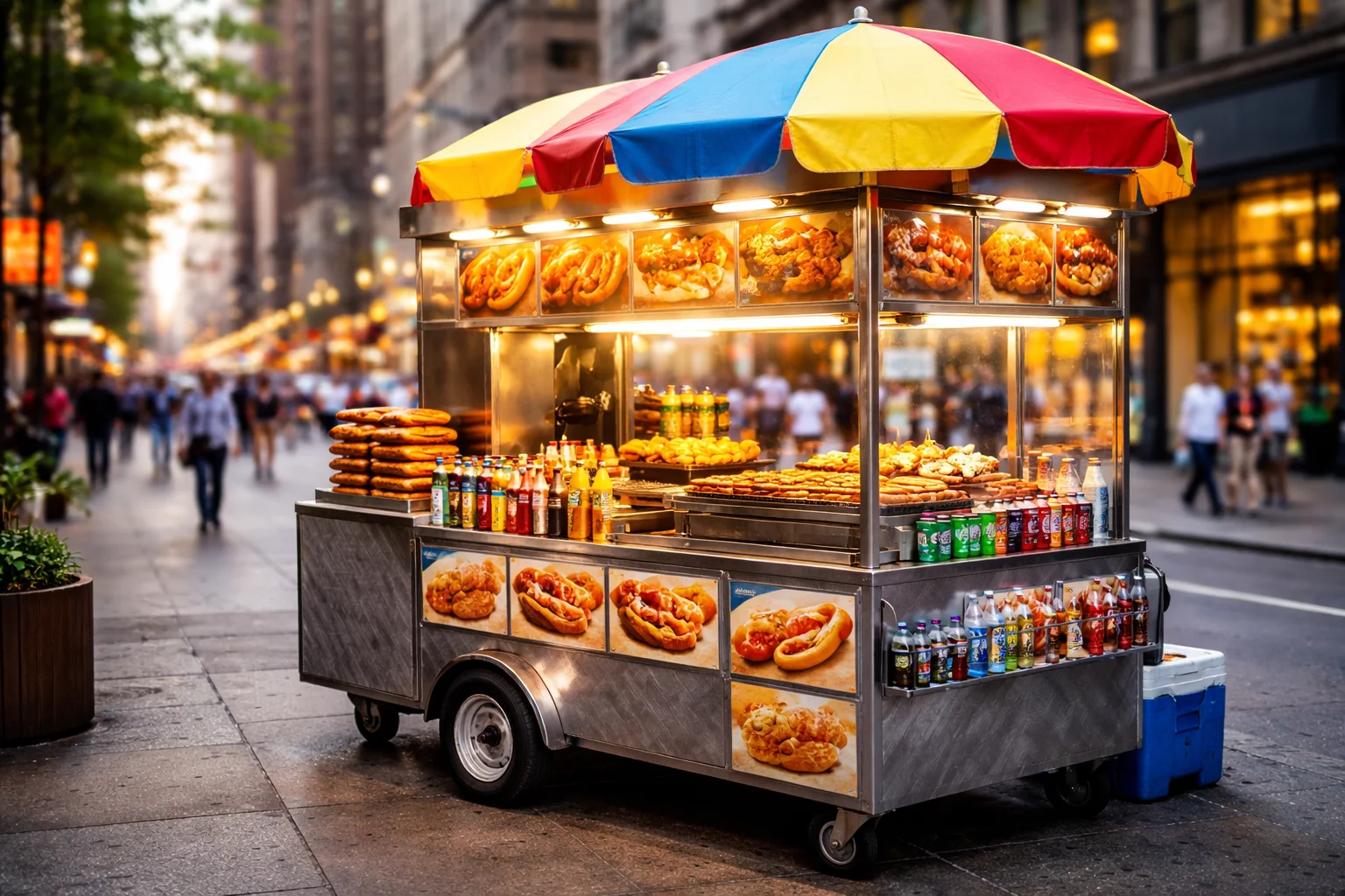 street food hot dog cart in city with snacks and drinks