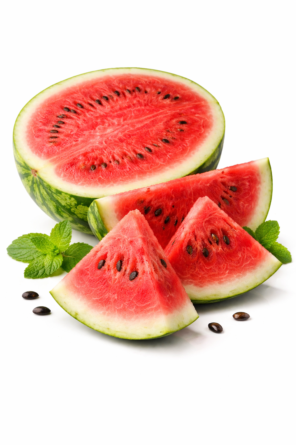  Whole watermelon with sliced pieces showing red flesh isolated on white background