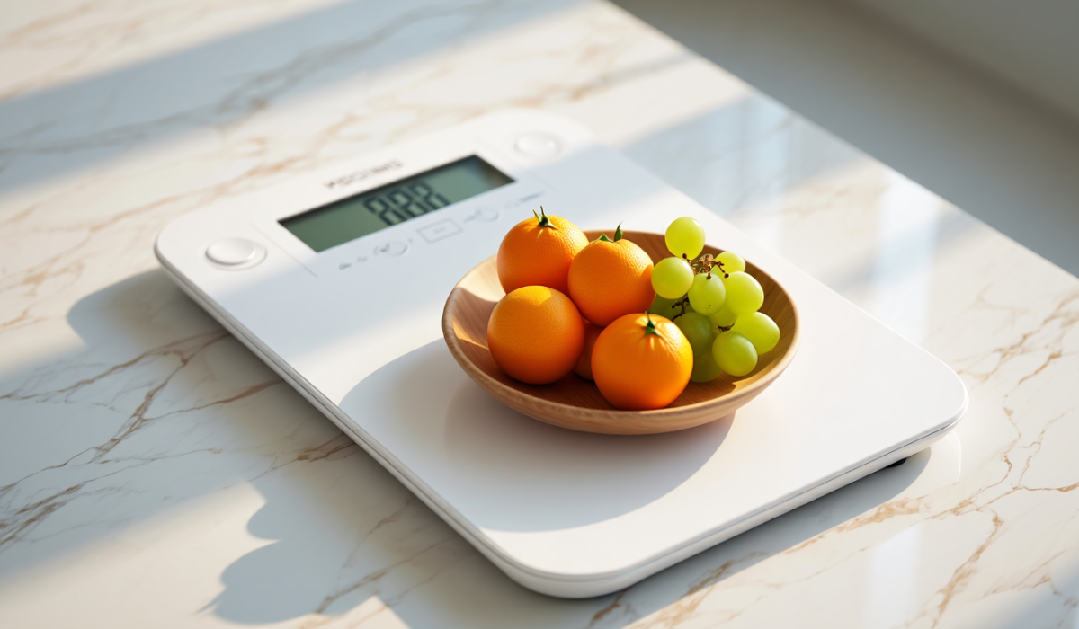A white digital food scale on a marble countertop holding a small wooden bowl filled with oranges and green grapes.