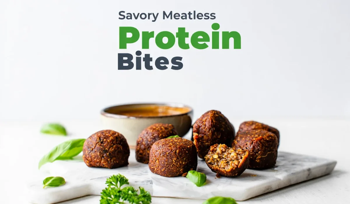 A collection of savory meatless protein bites served on a white marble platter with fresh basil and parsley leaves. The image features a small bowl of dipping sauce in the background and the text "Savory Meatless Protein Bites" in green and grey.