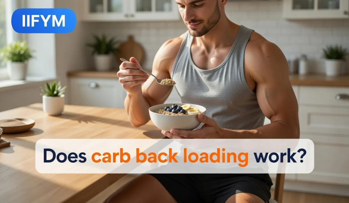 A muscular man in a grey tank top eating a bowl of oatmeal with blueberries and bananas in a bright kitchen. A central banner asks "Does carb back loading work?" with the blue IIFYM logo in the top left.
