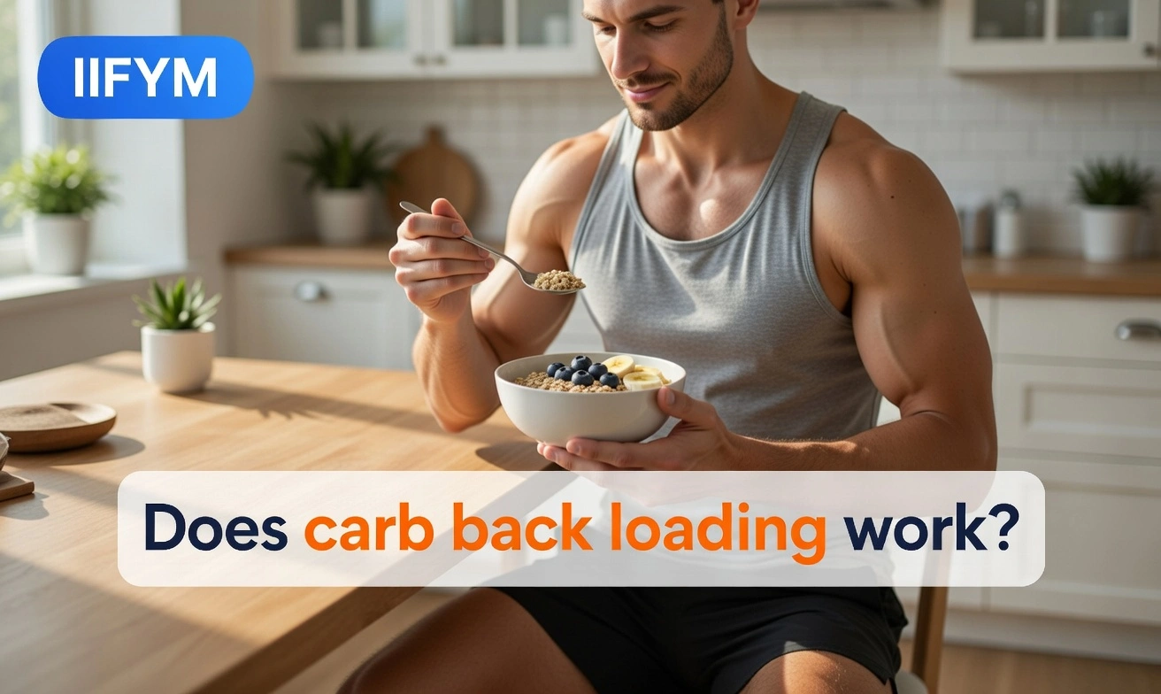 A muscular man in a grey tank top eating a bowl of oatmeal with blueberries and bananas in a bright kitchen. A central banner asks "Does carb back loading work?" with the blue IIFYM logo in the top left.