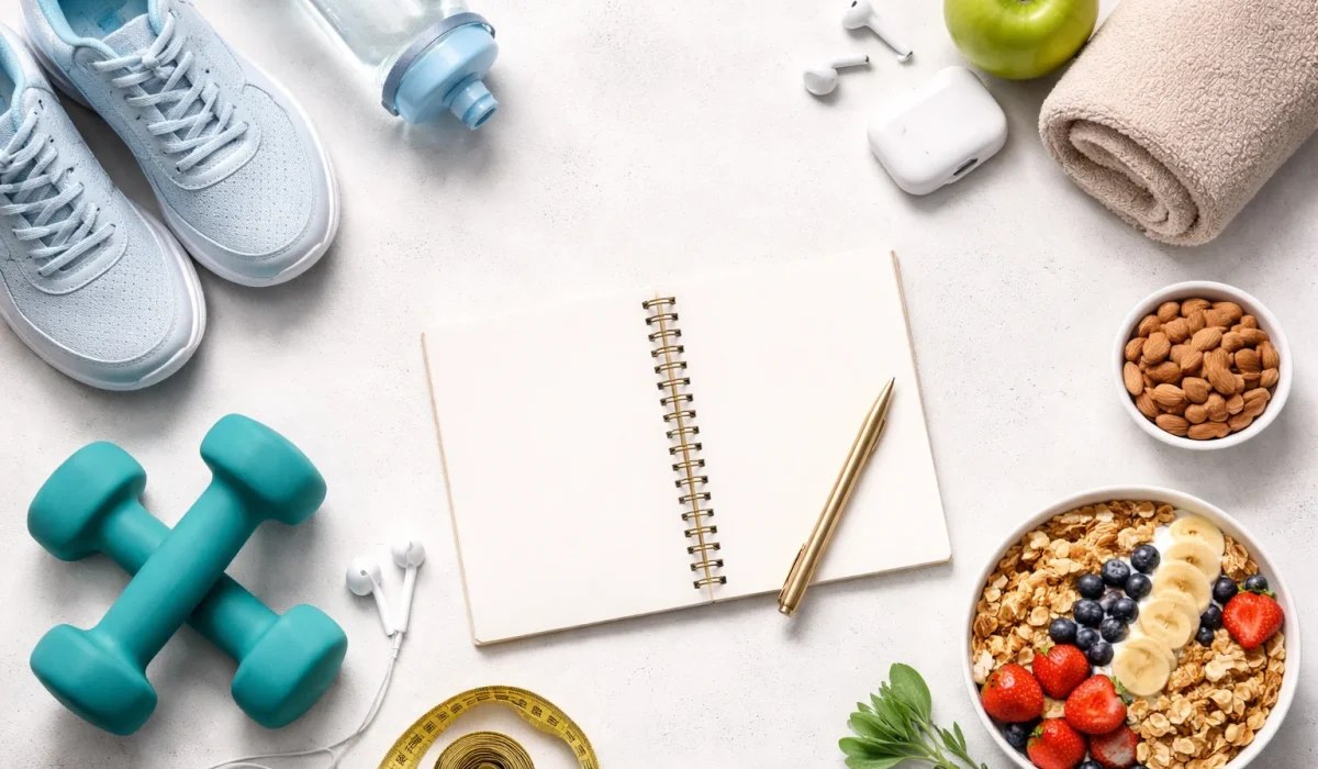 fitness planning setup with dumbbells sneakers healthy food and notebook