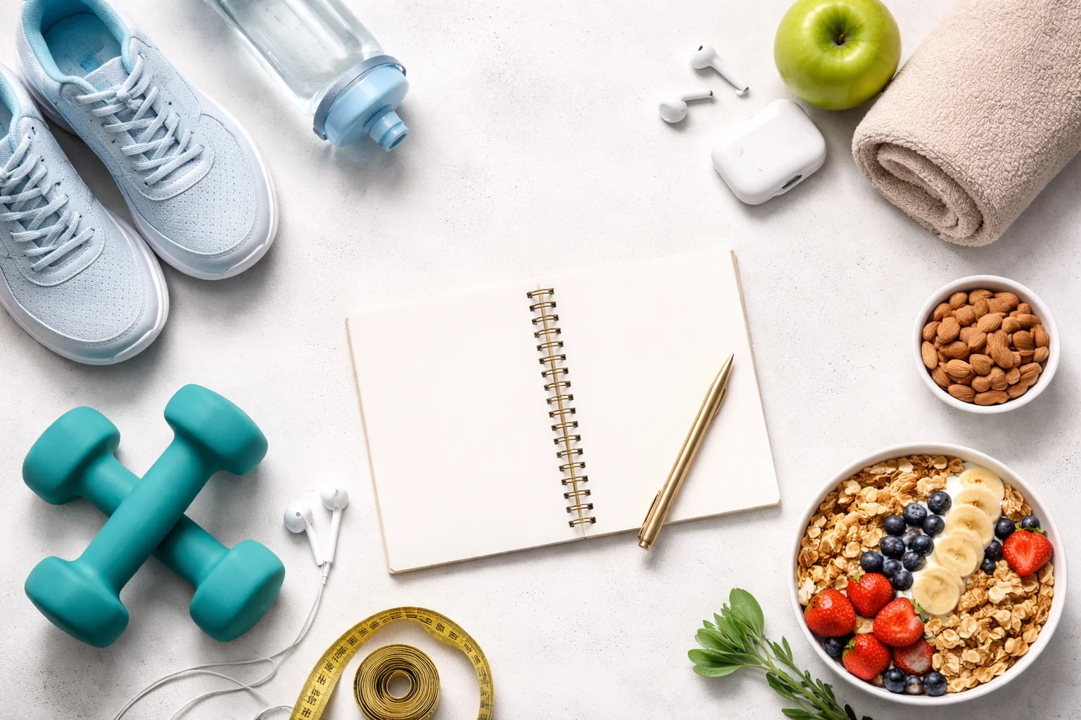 fitness planning setup with dumbbells sneakers healthy food and notebook