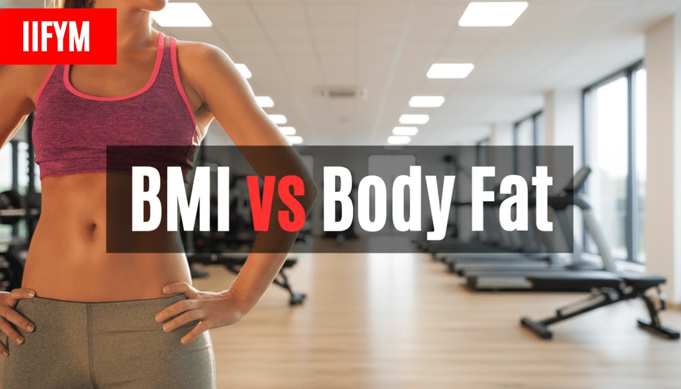 A fitness banner showing the torso of a woman in a gym setting with the text "BMI vs Body Fat" and the IIFYM logo in the corner.