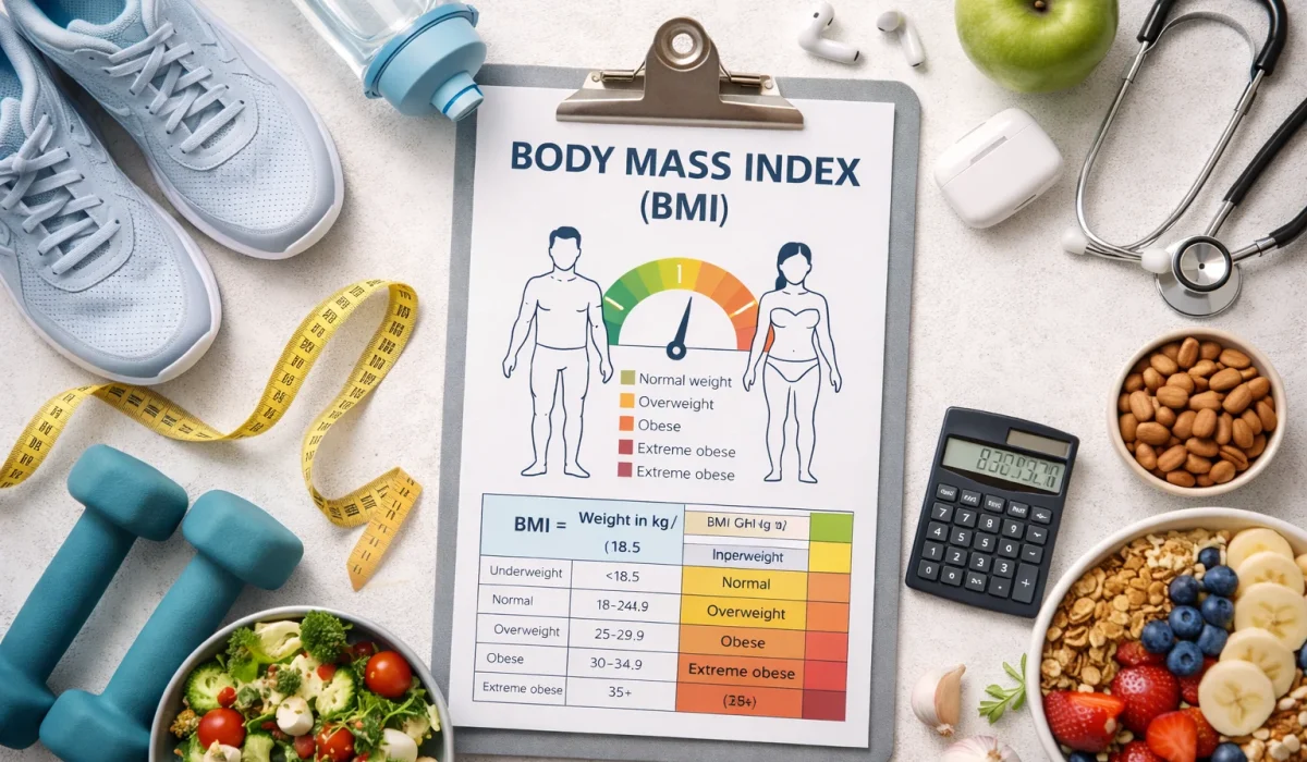 body mass index bmi chart with fitness tools and healthy lifestyle items