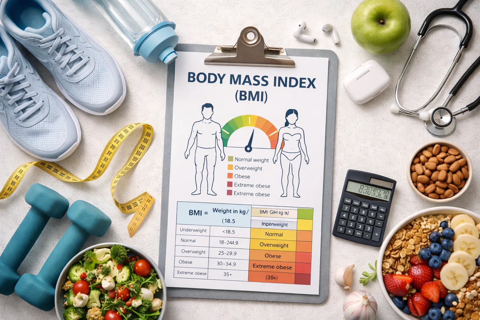 body mass index bmi chart with fitness tools and healthy lifestyle items