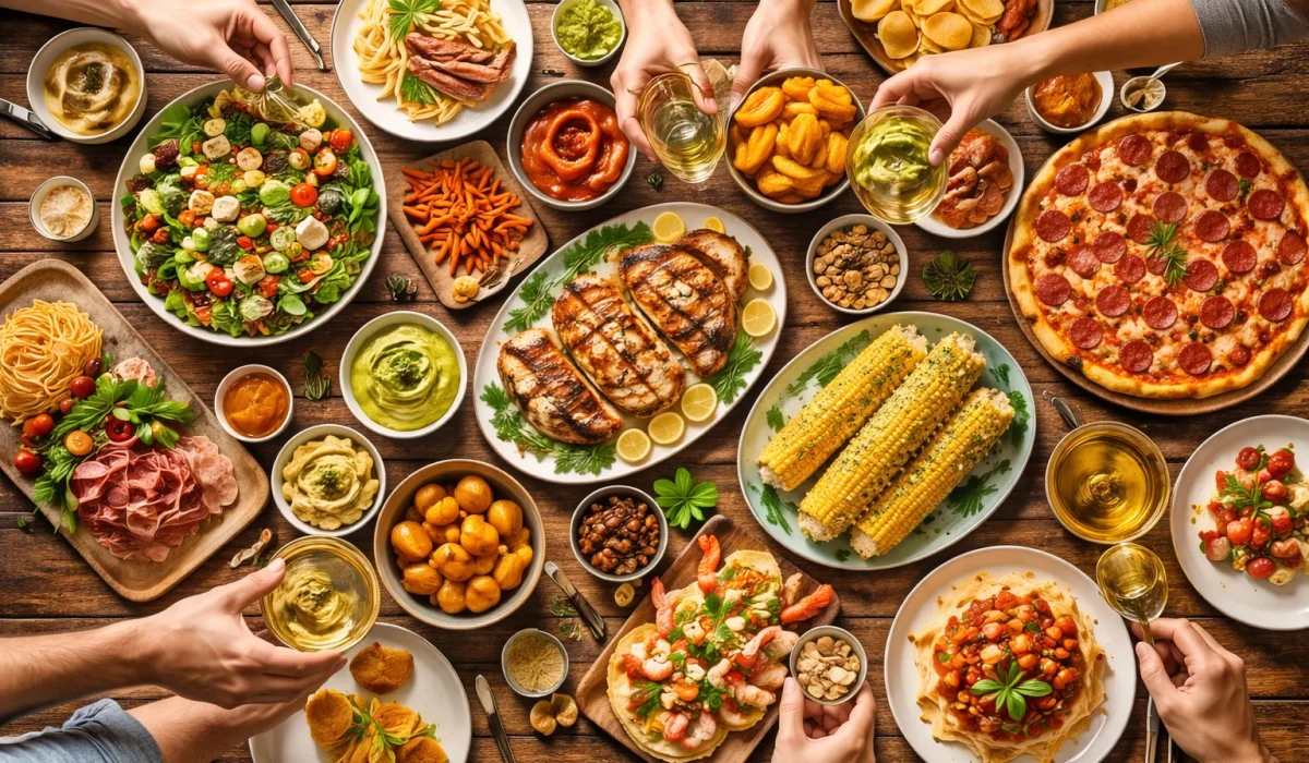people sharing meal with variety of foods pizza salad grilled chicken and snacks