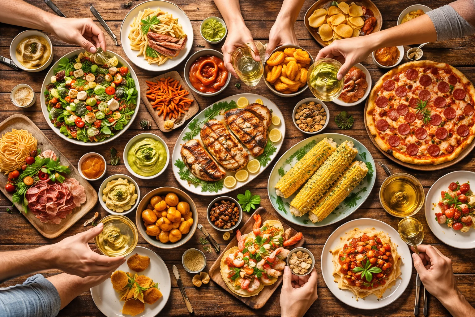 people sharing meal with variety of foods pizza salad grilled chicken and snacks