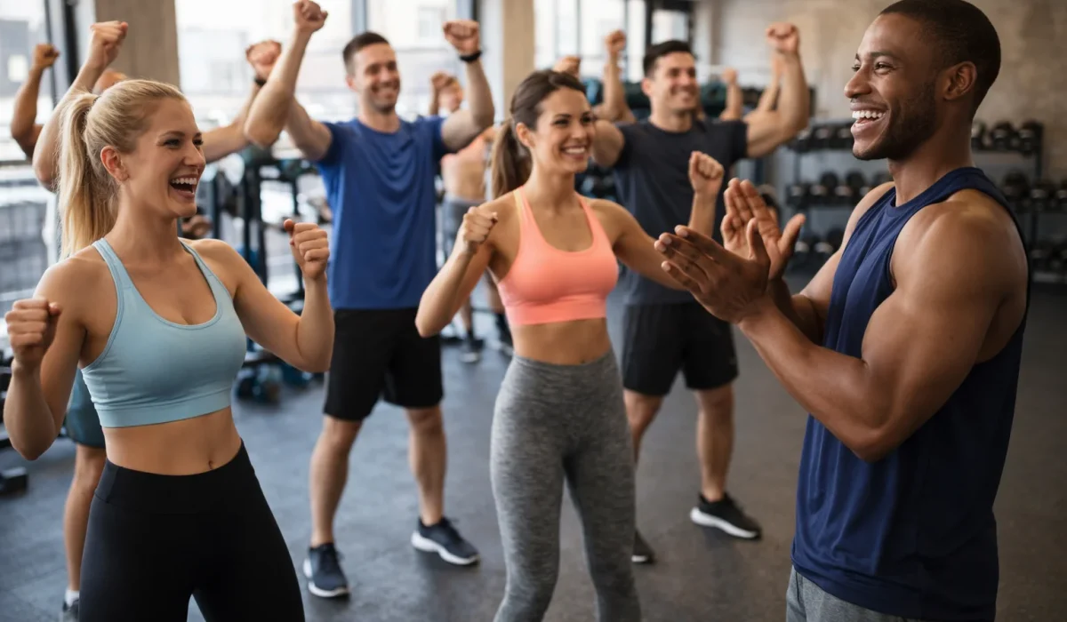 group fitness training workout class in gym with coach and participants