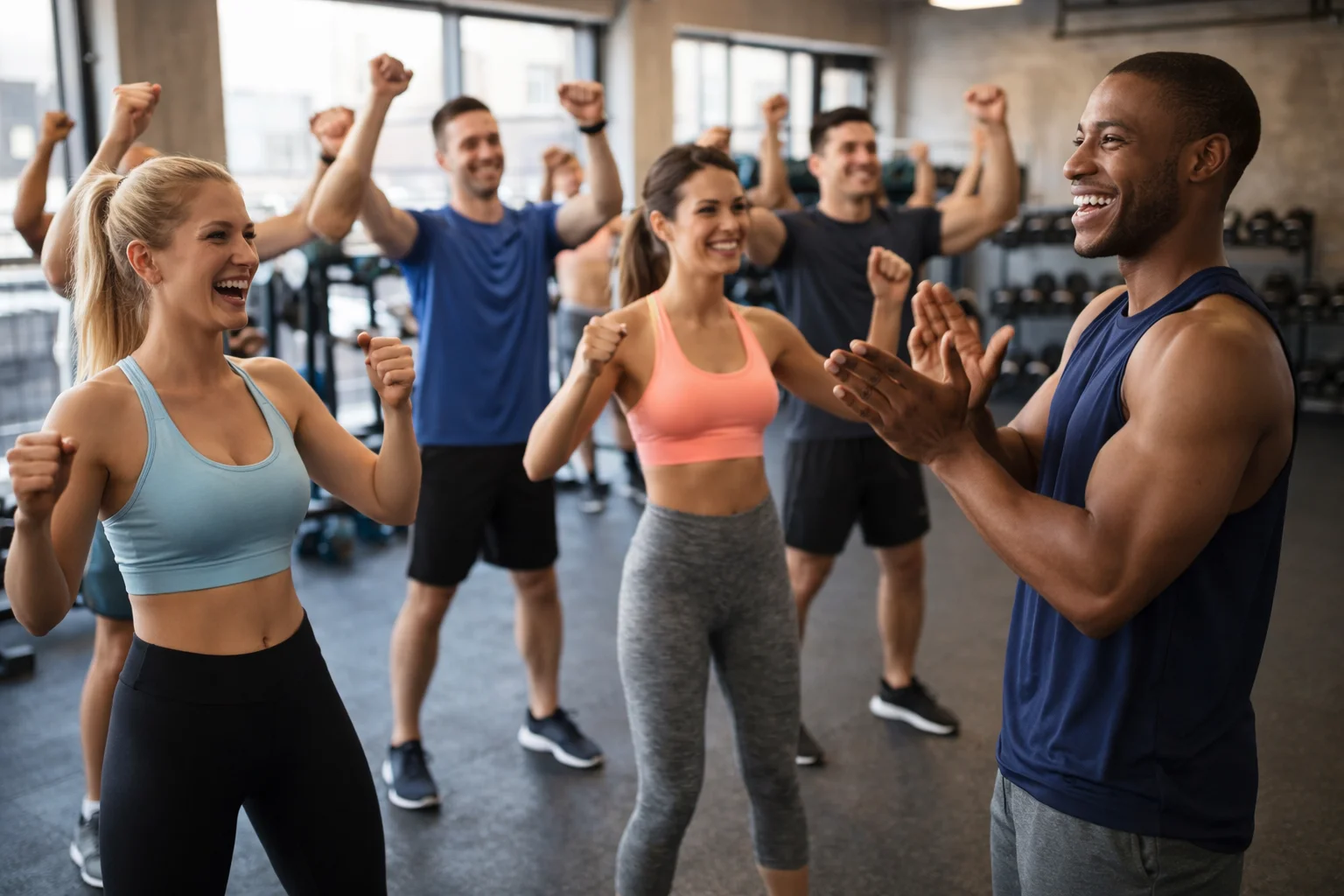 group fitness training workout class in gym with coach and participants