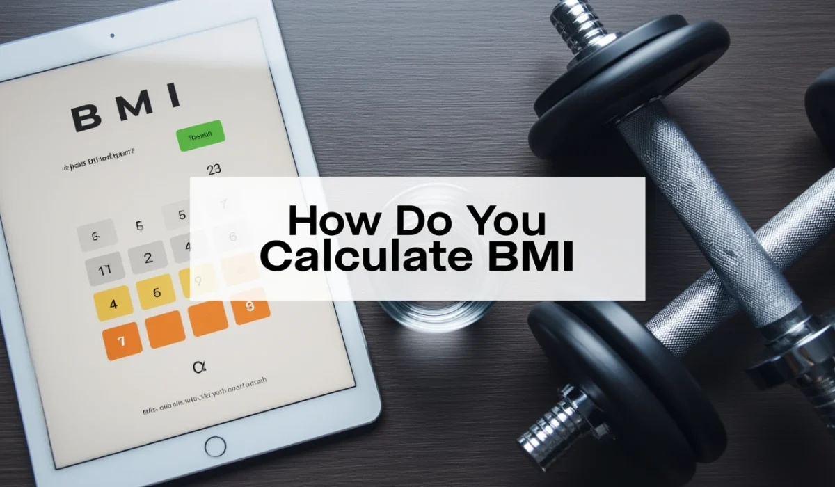A tablet displaying a BMI calculator interface next to two heavy chrome dumbbells on a dark wooden surface.