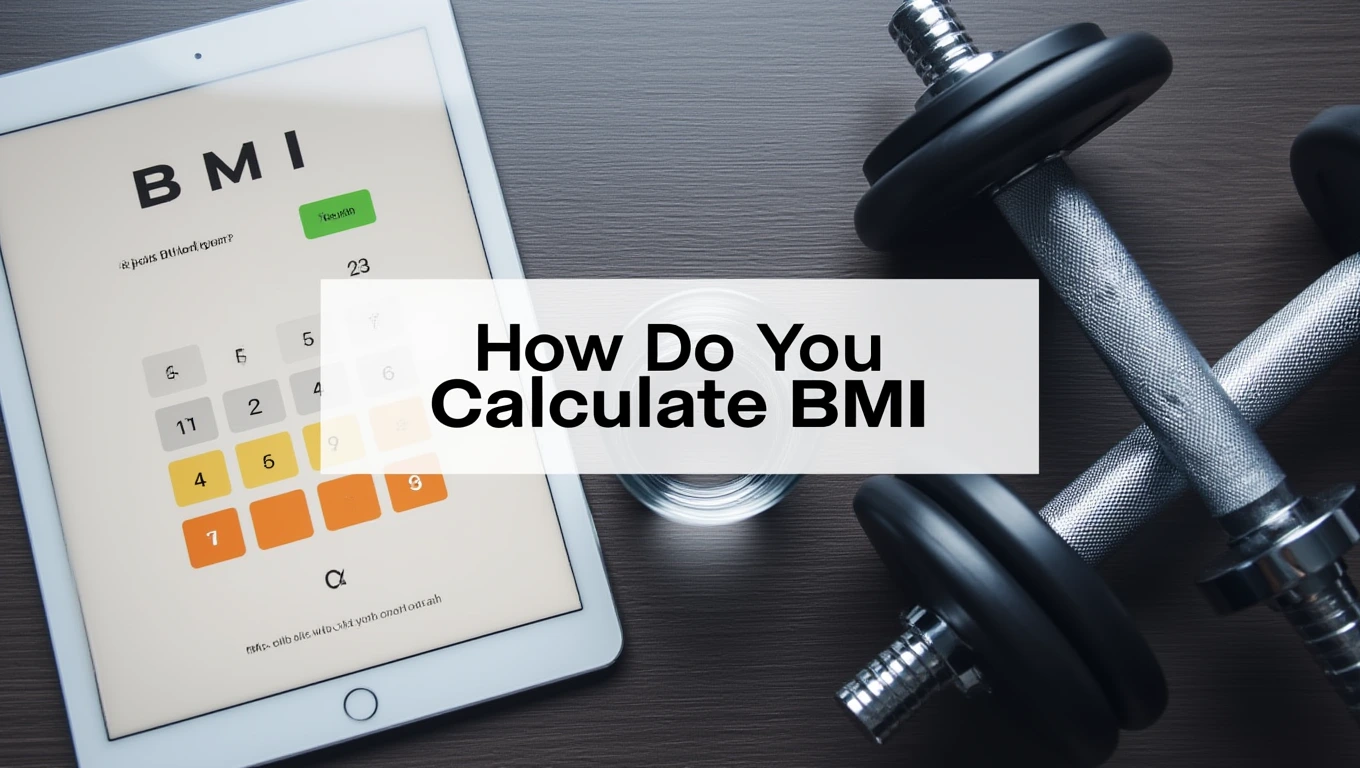 A tablet displaying a BMI calculator interface next to two heavy chrome dumbbells on a dark wooden surface.